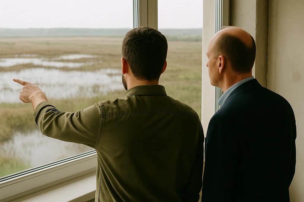 Muskarac pokazuje prodavcu stana koliko je losa lokacija jer se nalazi voda odma pored kuce. 