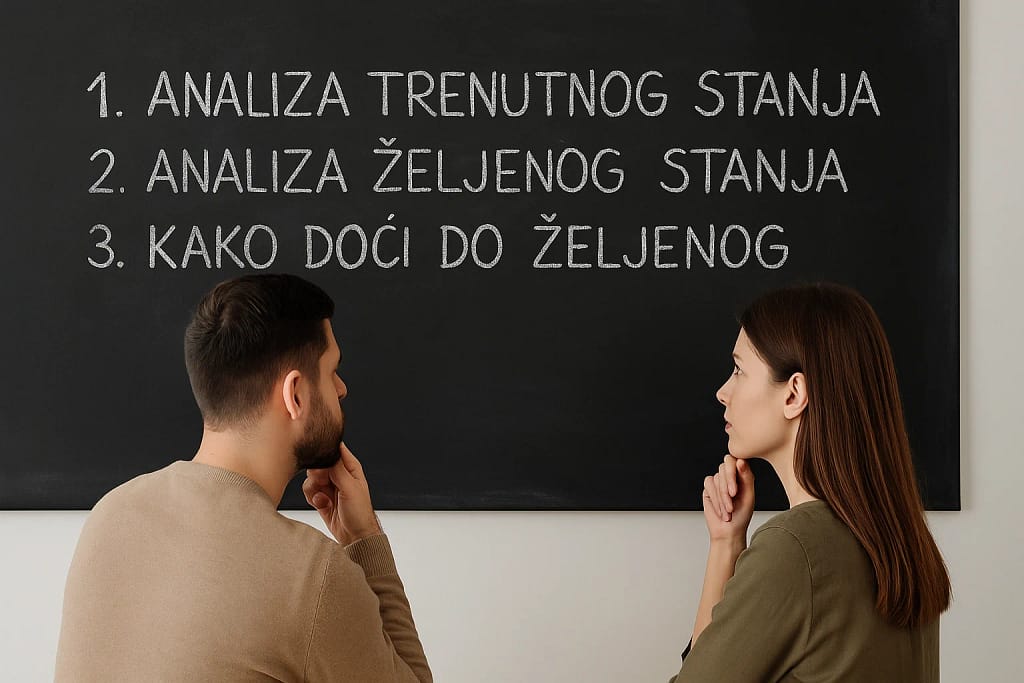 Muskarac i zena gledaju u tablu i razmisljaju kako skupiti novac za ucesce za prvi stan. 