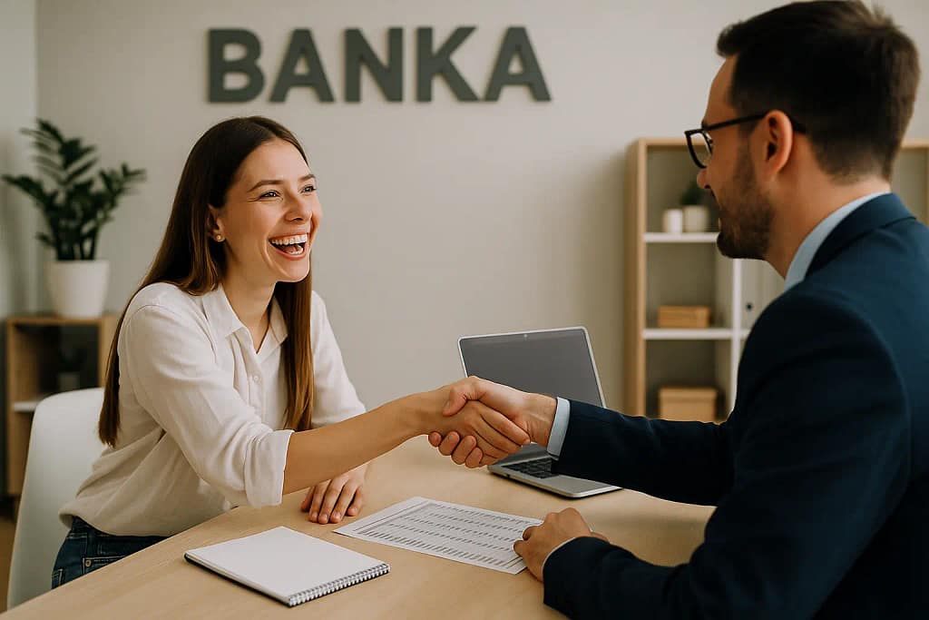 Srecna zena se zadovoljno rukuje sa bankarom jer je ispregovarala kredit uspesno i nije napravila gresku. 