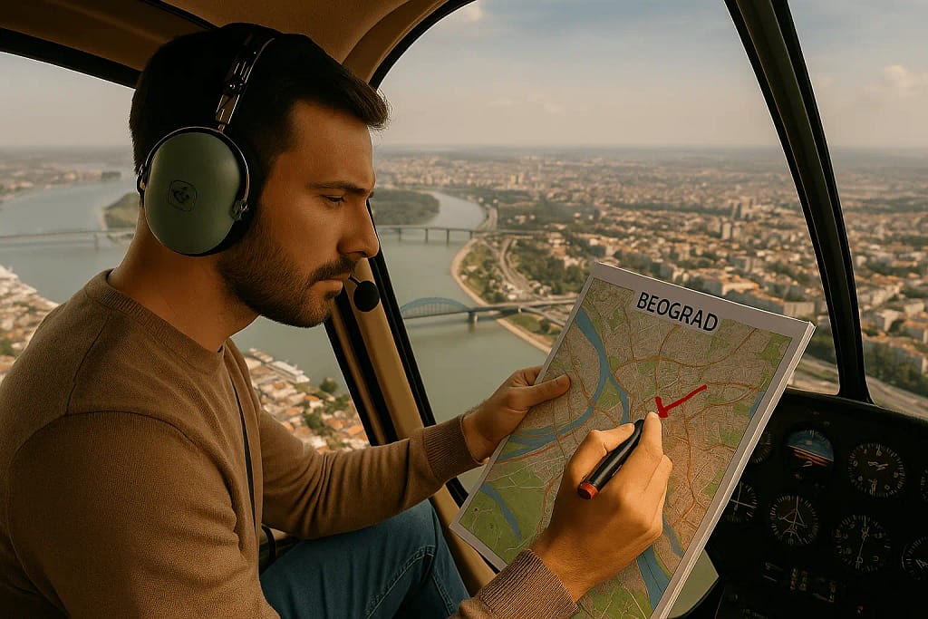 Muskarac u helikopteru gleda mapu sa najpotcenjenijim mikrolokacijama u Beogradu