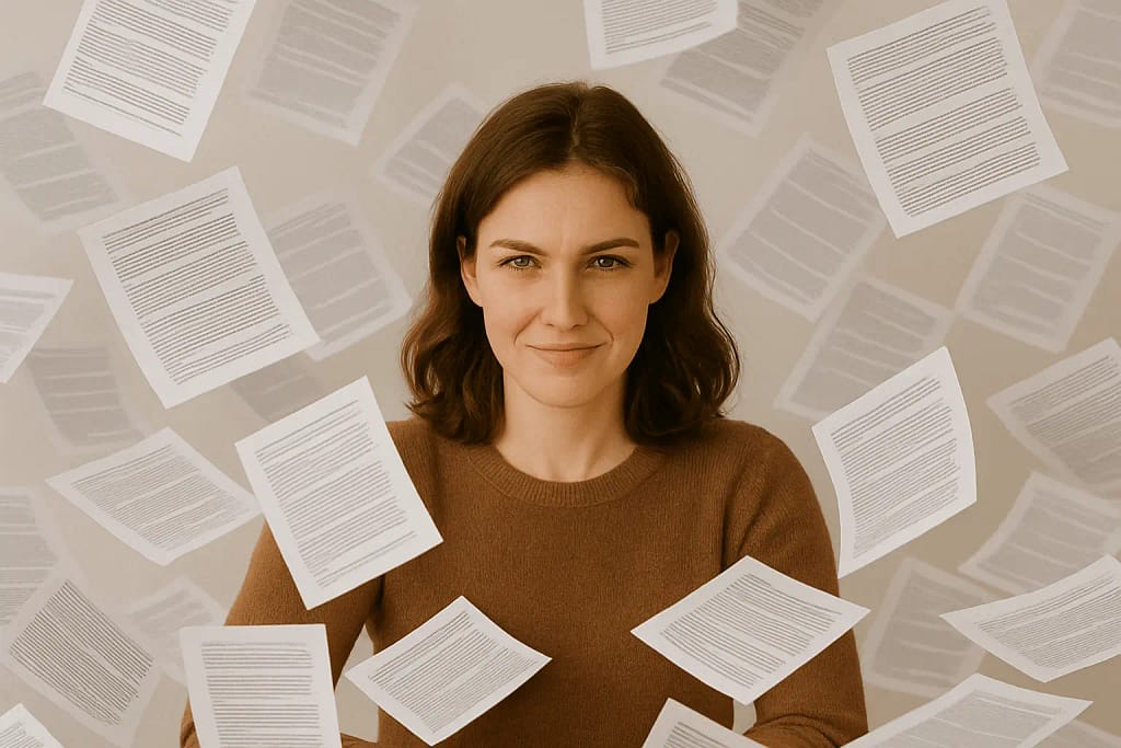 Zena okruzena papirima spremna da prodje sve korake za povrat pdv prii kupovini prvog stana