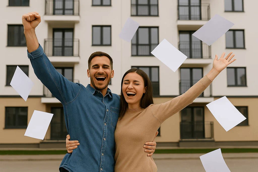 Muškarac i žena slave jer su pravilno pogledati Koje Morate Proveriti Pre Kupovine Stana