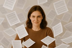 Zena okruzena papirima spremna da prodje sve korake za povrat pdv prii kupovini prvog stana