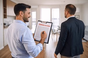 Muškarac drži checklistu za obilazak stana dok ga investitor provodi kroz prostoriju