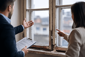 Kupac se u ruci nalazi checklista za obilazak stana dok ukazuje na lose prozore