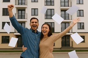 Muškarac i žena slave jer su pravilno pogledati Koje Morate Proveriti Pre Kupovine Stana