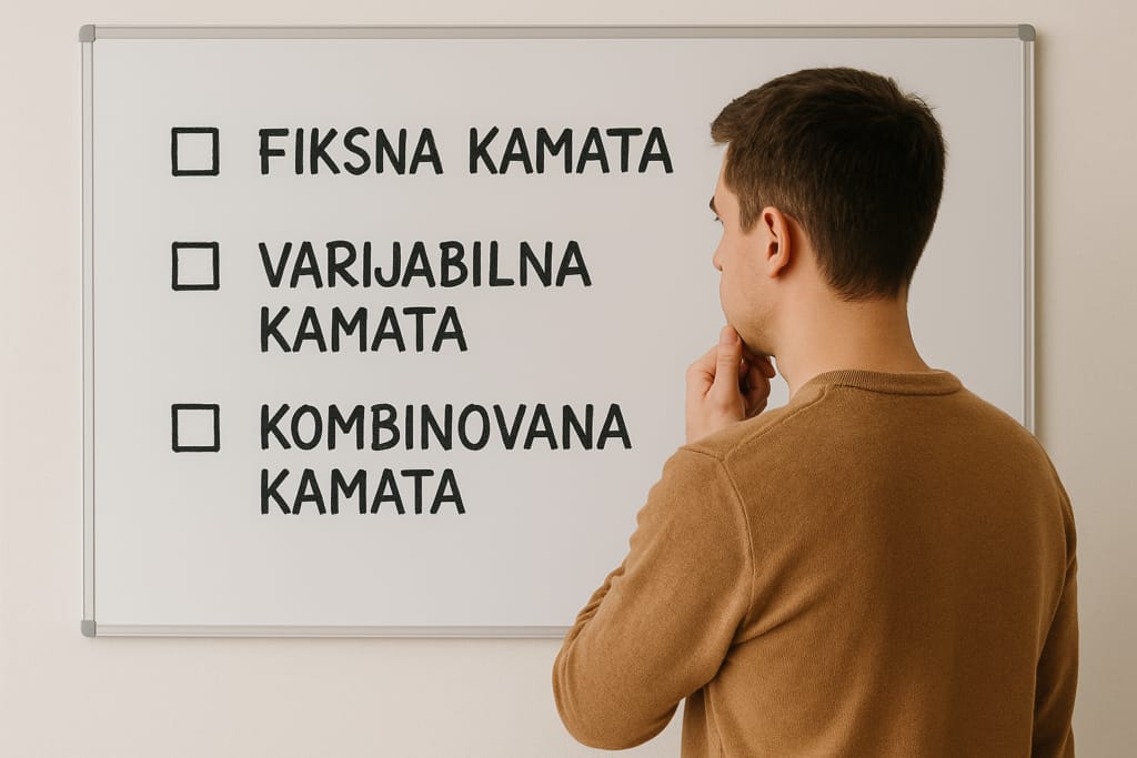 Covek gleda u tablu na kojoj pise Fiksna kamata, Varijabilna kamata i Kombinovana kamata i razmislja se koja je najbolja opcija. 